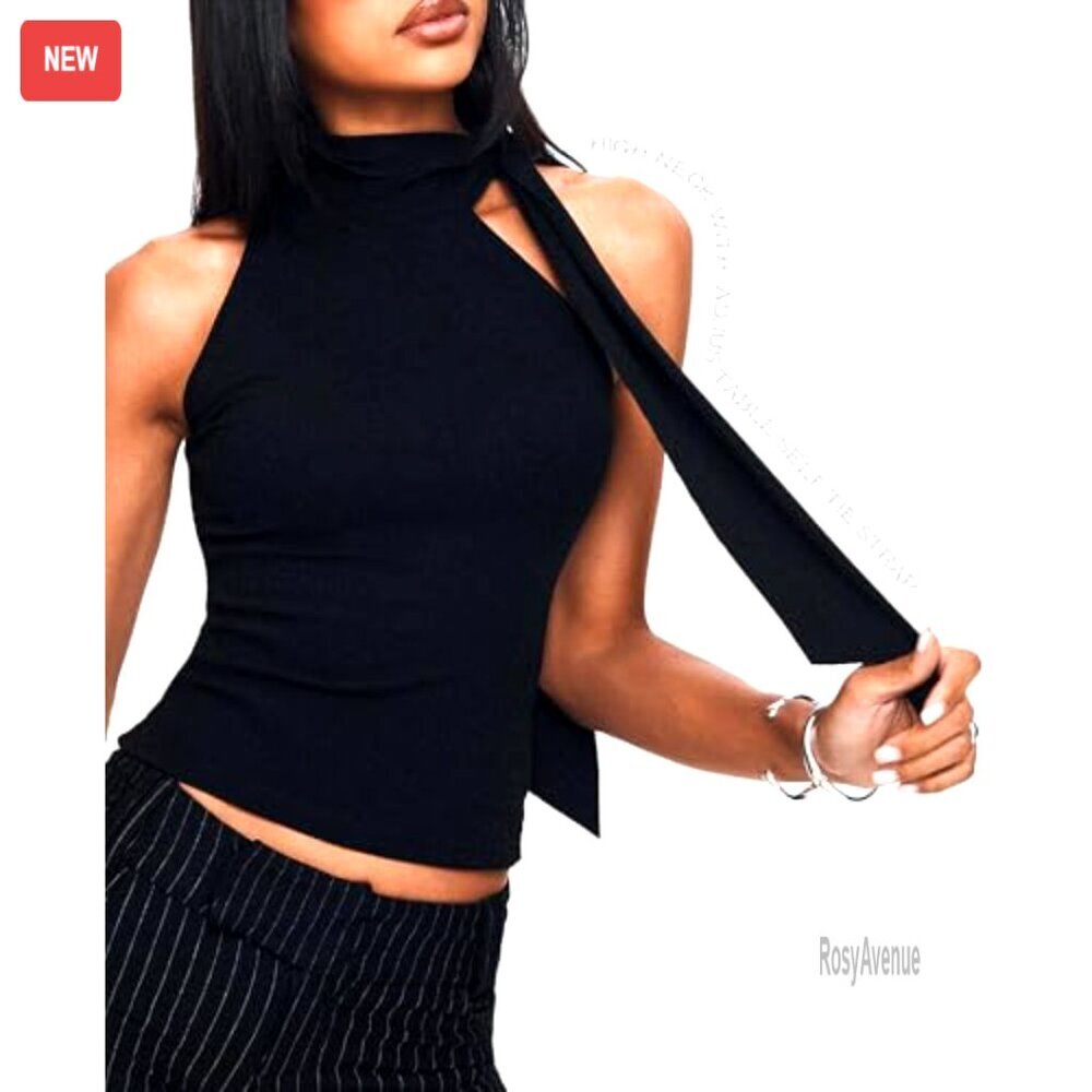 Off Shoulder Halter Mock Neck Sleeveless Crop Tank Top with Scarf - Picture 6 of 7